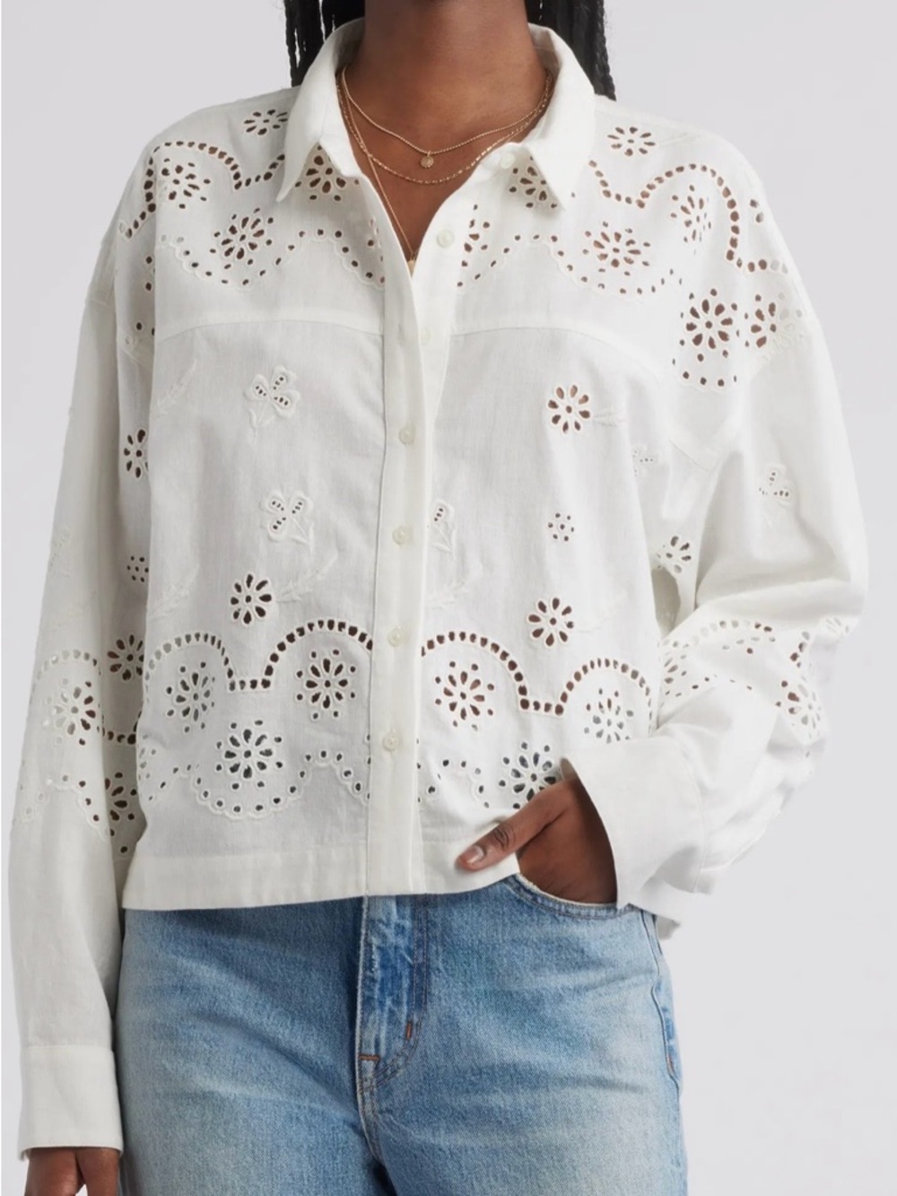 Treasure & Bond White Eyelet Top Button-Down Shirt Jacket Cotton Linen Large